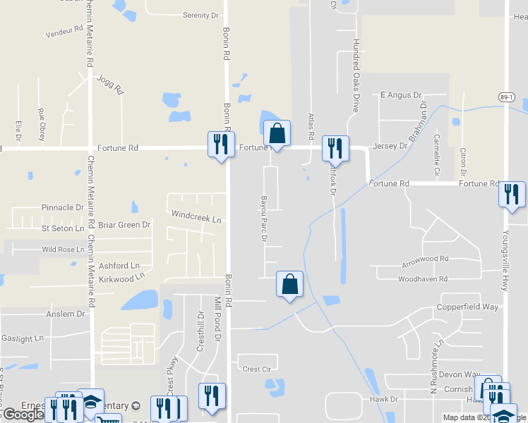 map of restaurants, bars, coffee shops, grocery stores, and more near Bayou Parc Drive in Youngsville