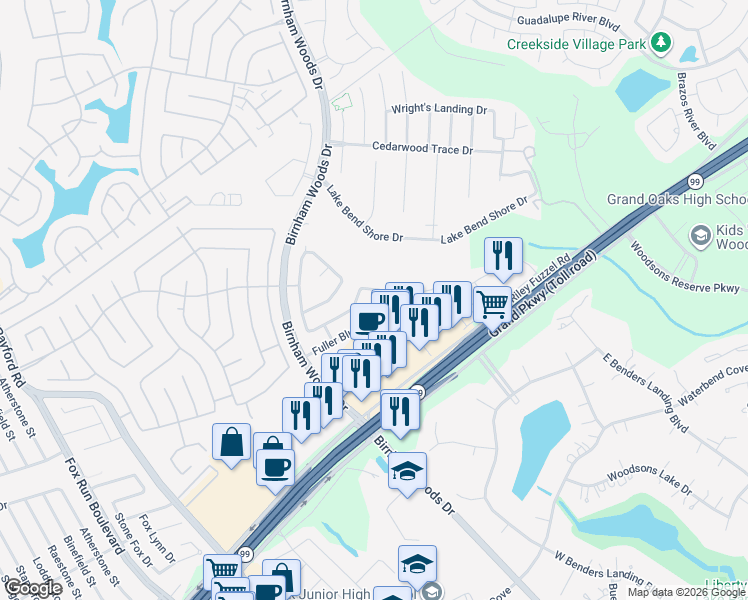map of restaurants, bars, coffee shops, grocery stores, and more near 3643 Fuller Bluff Drive in Spring
