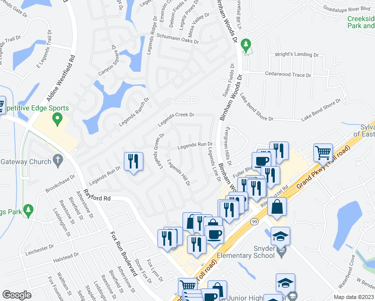 map of restaurants, bars, coffee shops, grocery stores, and more near 29523 Legends Stone Drive in Spring