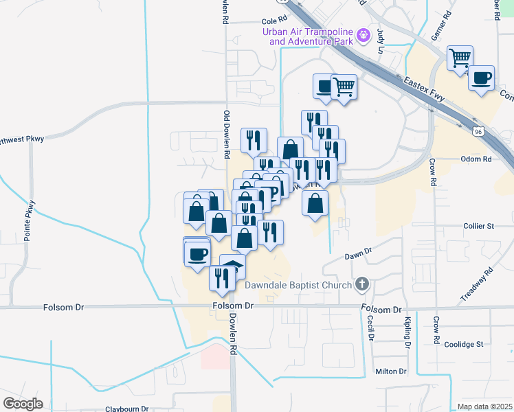 map of restaurants, bars, coffee shops, grocery stores, and more near 4125 Dowlen Road in Beaumont