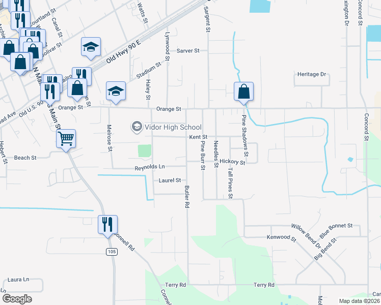 map of restaurants, bars, coffee shops, grocery stores, and more near 399 Butler Road in Vidor