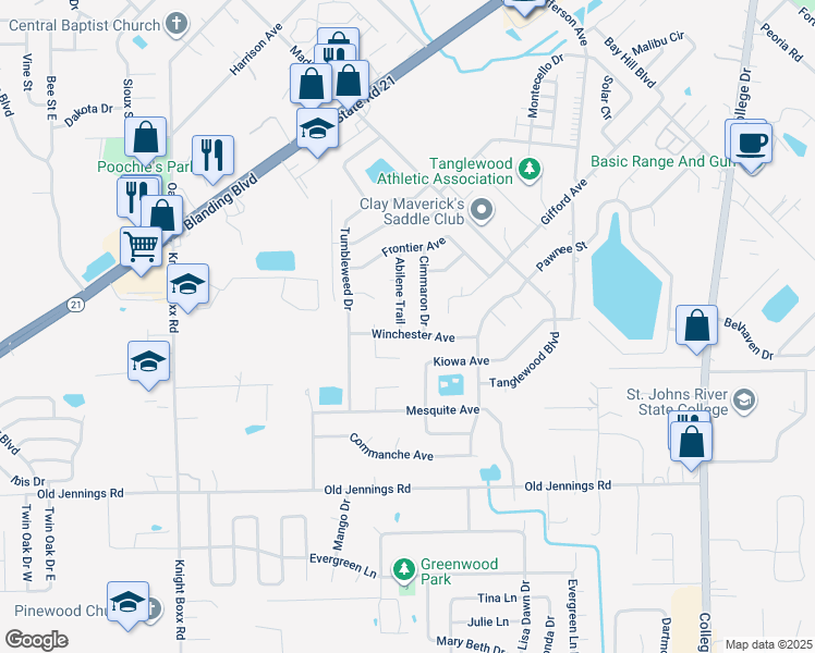 map of restaurants, bars, coffee shops, grocery stores, and more near 2797 Winchester Avenue in Orange Park