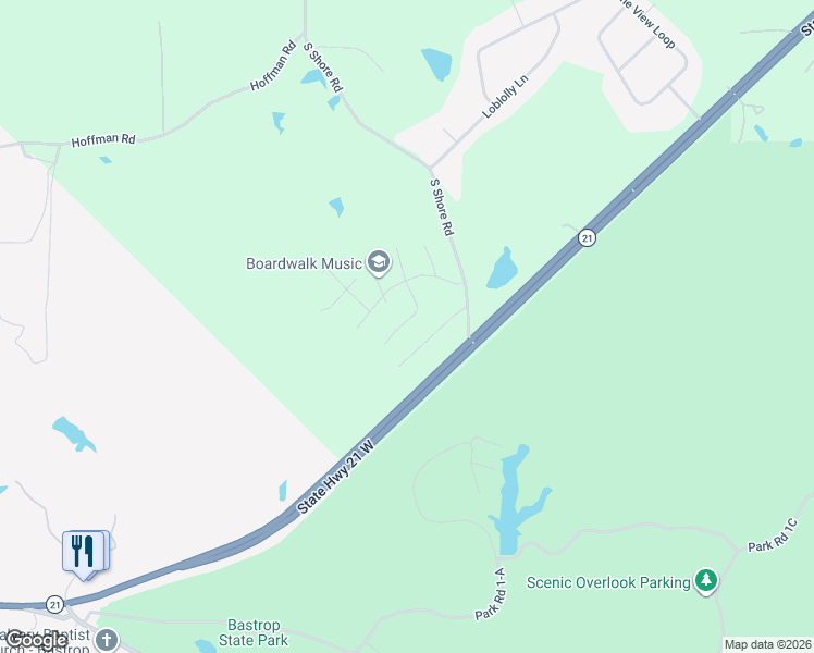 map of restaurants, bars, coffee shops, grocery stores, and more near 134 Pinewood Drive in Bastrop