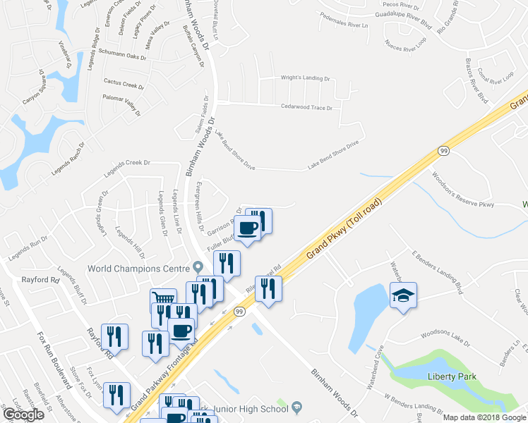 map of restaurants, bars, coffee shops, grocery stores, and more near 29327 Hickory Terrace Drive in Spring