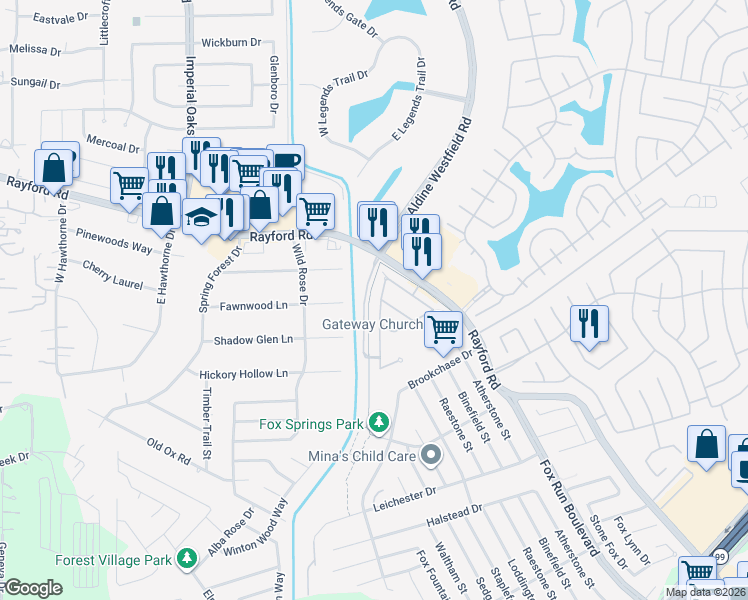 map of restaurants, bars, coffee shops, grocery stores, and more near 29823 Spring Acres Drive in Spring