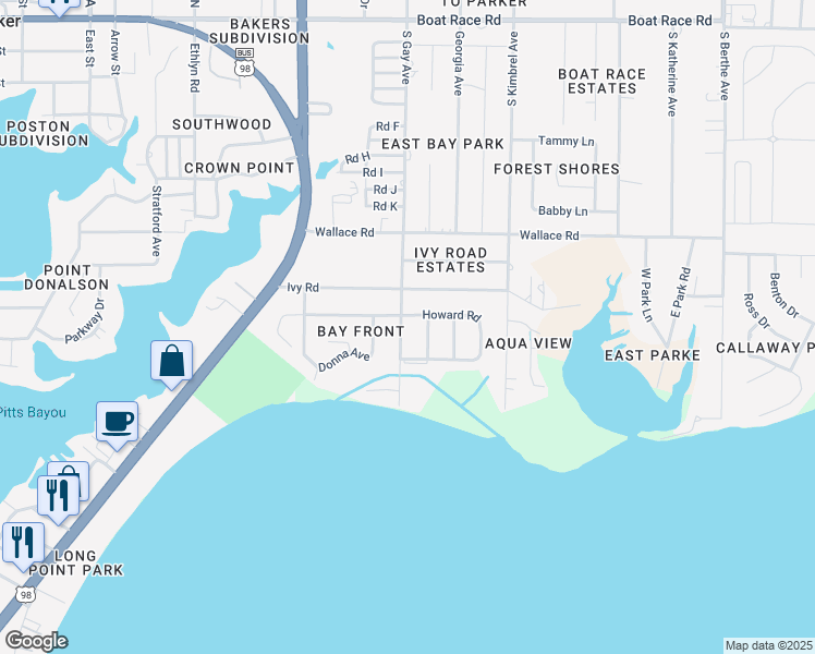 map of restaurants, bars, coffee shops, grocery stores, and more near 1425 South Gay Avenue in Panama City