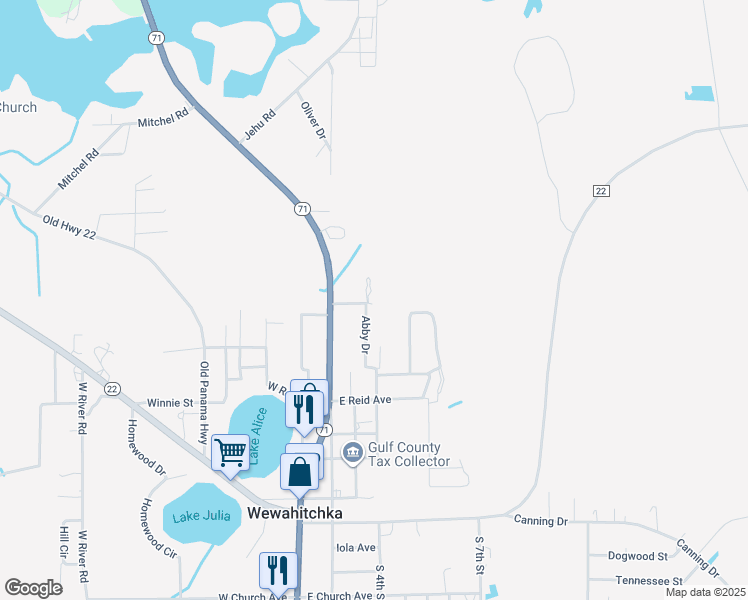 map of restaurants, bars, coffee shops, grocery stores, and more near 268 Abby Dr in Wewahitchka