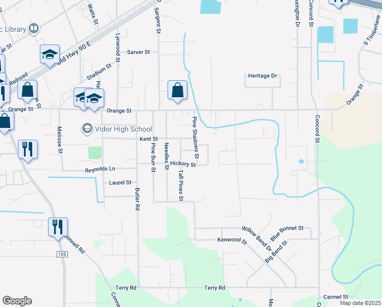 map of restaurants, bars, coffee shops, grocery stores, and more near 1080 Timberwood Street in Vidor