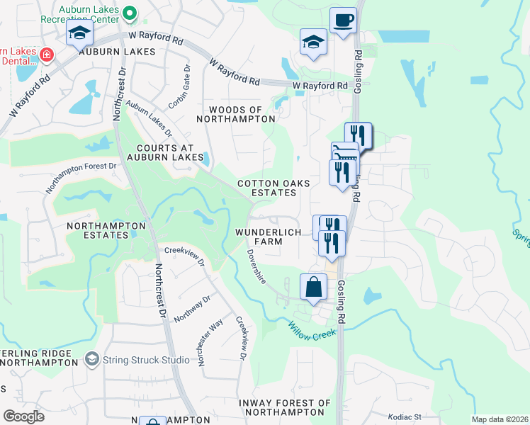map of restaurants, bars, coffee shops, grocery stores, and more near 5931 Dovershire Knoll Court in Spring