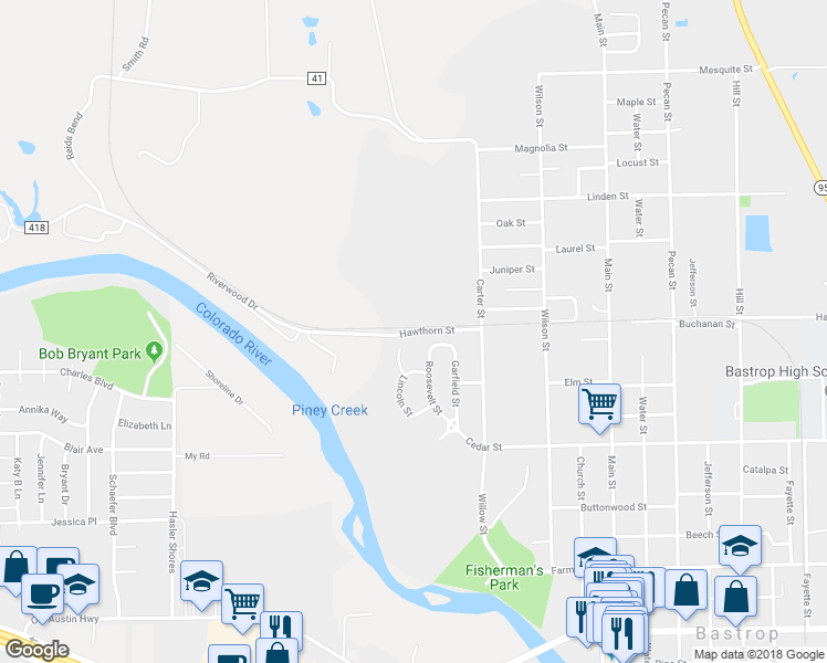 map of restaurants, bars, coffee shops, grocery stores, and more near 141 Riverwood Drive in Bastrop