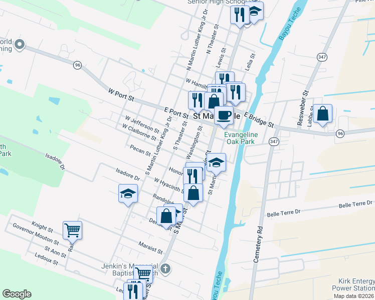 map of restaurants, bars, coffee shops, grocery stores, and more near 410 Washington Street in Saint Martinville