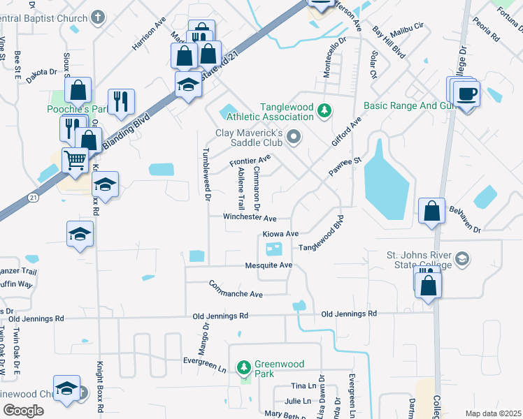 map of restaurants, bars, coffee shops, grocery stores, and more near 2781 Winchester Avenue in Orange Park