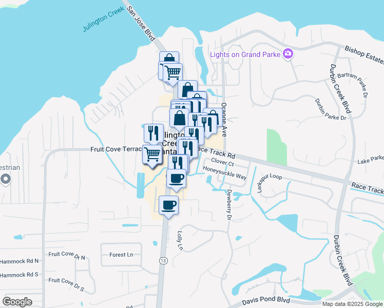 map of restaurants, bars, coffee shops, grocery stores, and more near 445 Florida 13 in Fruit Cove