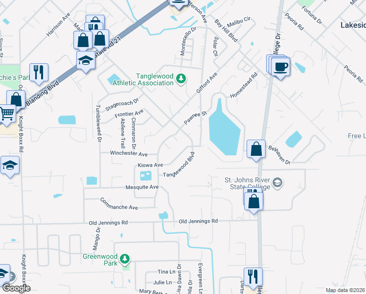 map of restaurants, bars, coffee shops, grocery stores, and more near 2849 Tanglewood Boulevard in Orange Park