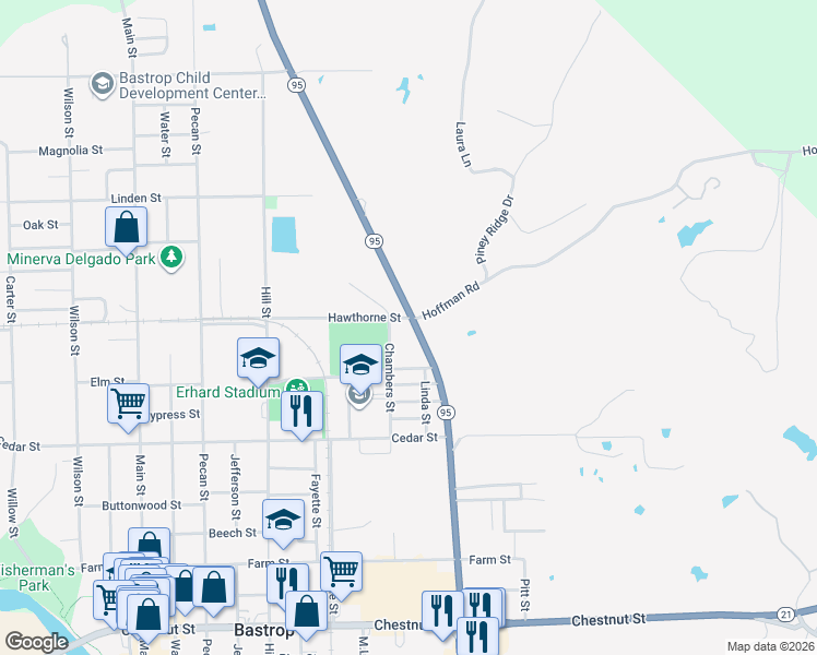 map of restaurants, bars, coffee shops, grocery stores, and more near 1503 Hawthorne Street in Bastrop