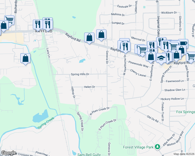 map of restaurants, bars, coffee shops, grocery stores, and more near 1523 Spring Hills Drive in Spring