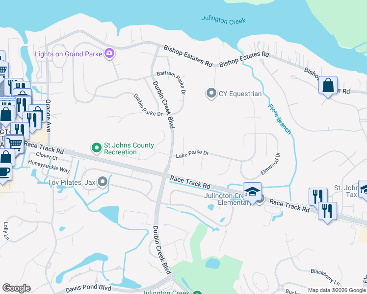 map of restaurants, bars, coffee shops, grocery stores, and more near 609 Pineland Lane in Fruit Cove