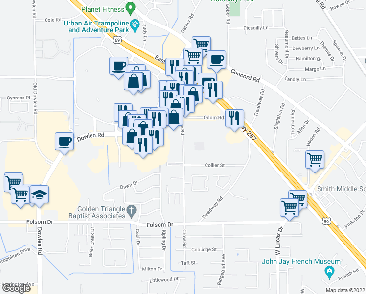 map of restaurants, bars, coffee shops, grocery stores, and more near 4347 Crow Road in Beaumont