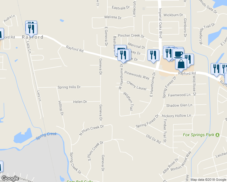 map of restaurants, bars, coffee shops, grocery stores, and more near 29707 West Hawthorne Drive in Spring