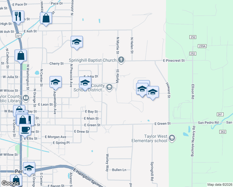 map of restaurants, bars, coffee shops, grocery stores, and more near 318 North Clark Street in Perry