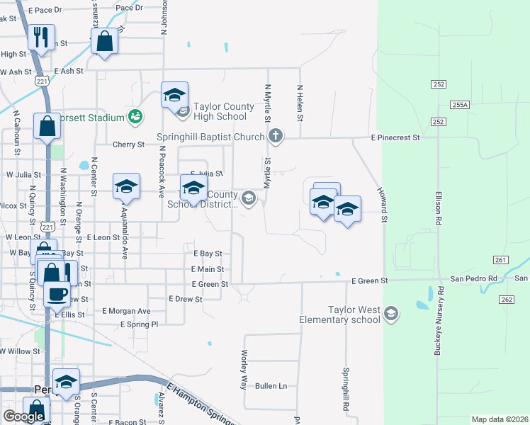 map of restaurants, bars, coffee shops, grocery stores, and more near 318 North Clark Street in Perry