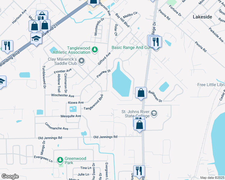 map of restaurants, bars, coffee shops, grocery stores, and more near 1327 Pawnee Street in Orange Park