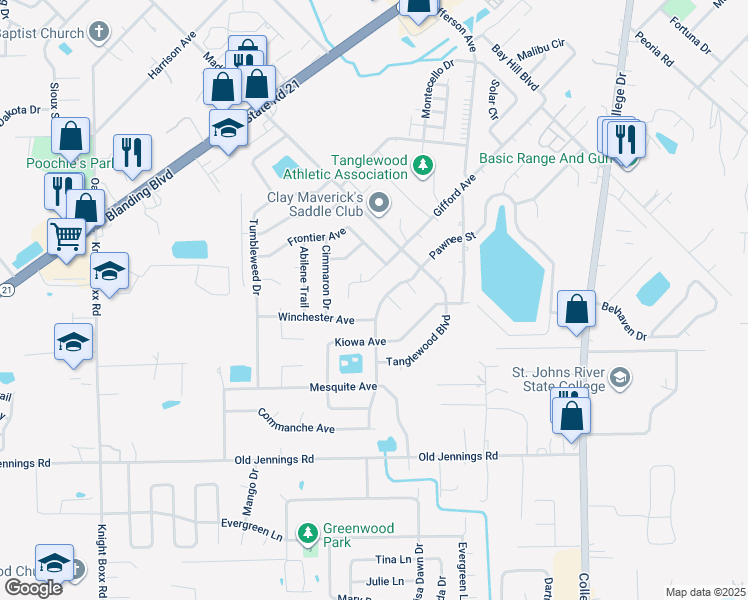 map of restaurants, bars, coffee shops, grocery stores, and more near 1512 Pawnee Street in Orange Park