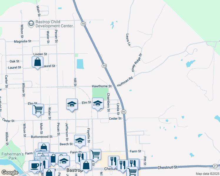 map of restaurants, bars, coffee shops, grocery stores, and more near 1503 Hawthorne Street in Bastrop