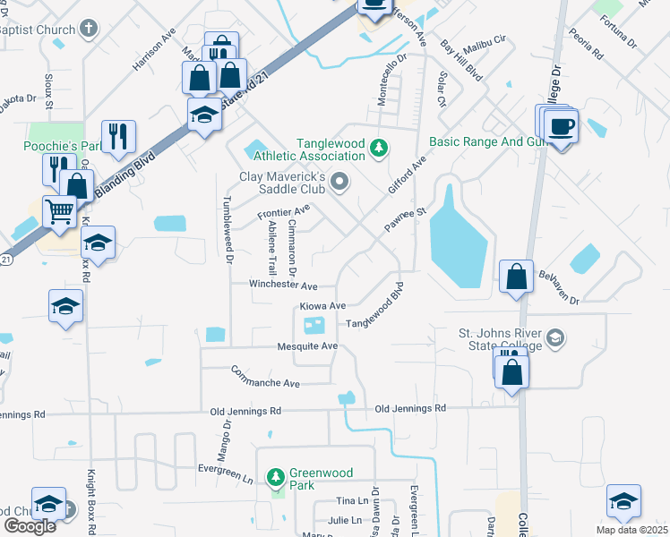map of restaurants, bars, coffee shops, grocery stores, and more near 1512 Pawnee Street in Orange Park