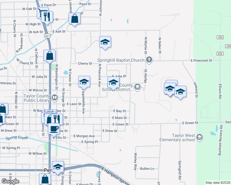 map of restaurants, bars, coffee shops, grocery stores, and more near 601 East Lafayette Street in Perry