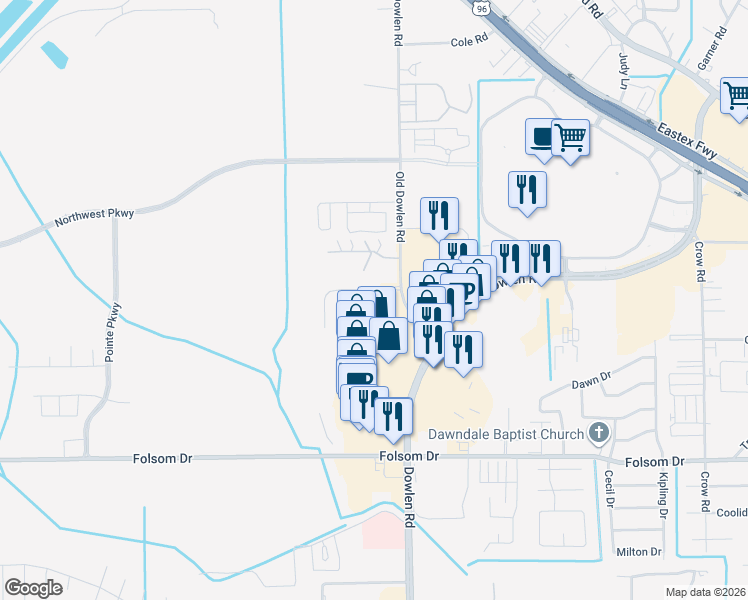 map of restaurants, bars, coffee shops, grocery stores, and more near 4075 Dowlen Road in Beaumont