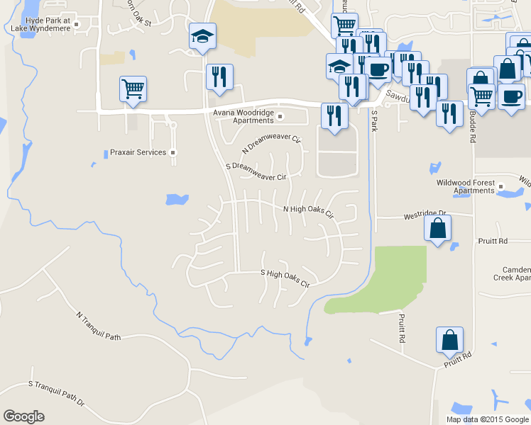 map of restaurants, bars, coffee shops, grocery stores, and more near 15 South Brook Pebble Court in Spring