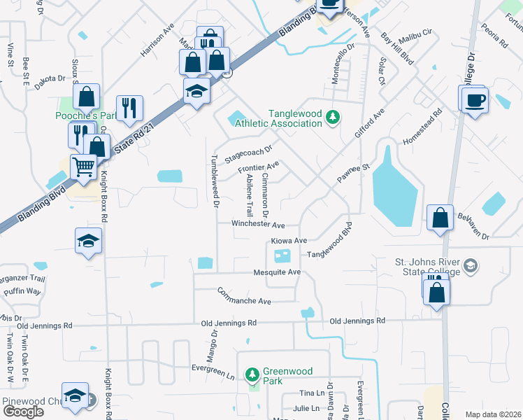 map of restaurants, bars, coffee shops, grocery stores, and more near 1226 Cimmaron Drive in Orange Park