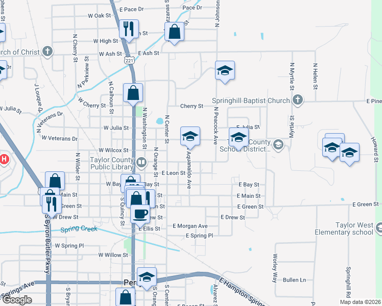 map of restaurants, bars, coffee shops, grocery stores, and more near 508 North Aquanaldo Avenue in Perry