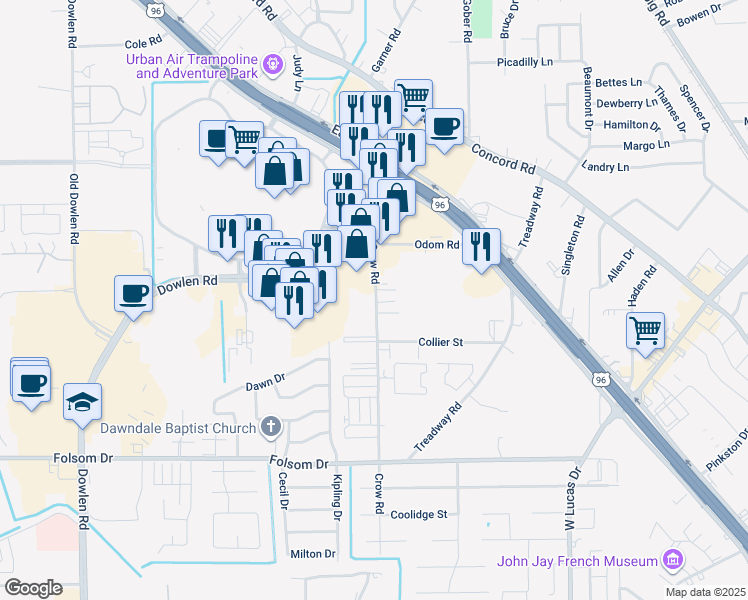 map of restaurants, bars, coffee shops, grocery stores, and more near 4347 Crow Road in Beaumont