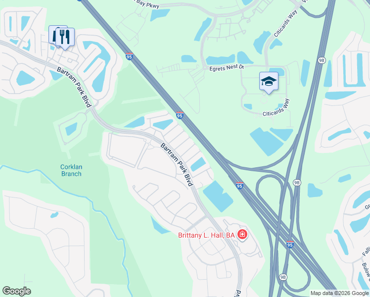 map of restaurants, bars, coffee shops, grocery stores, and more near 7043 Buroak Court in Jacksonville