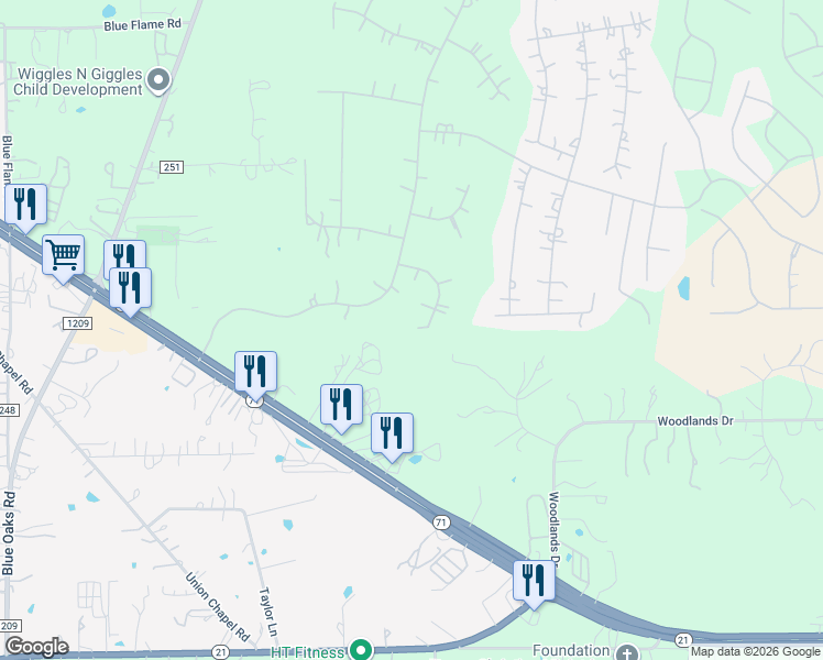 map of restaurants, bars, coffee shops, grocery stores, and more near 137 Colony Court in Bastrop