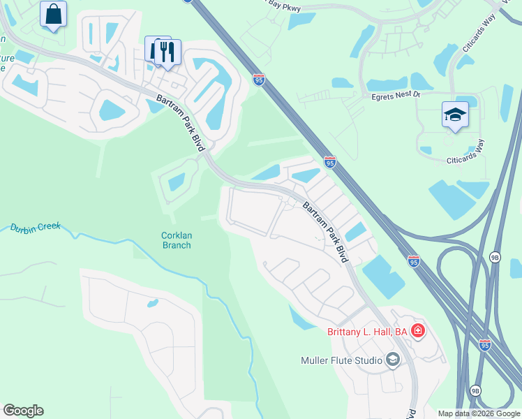 map of restaurants, bars, coffee shops, grocery stores, and more near 13990 Bartram Park Boulevard in Jacksonville