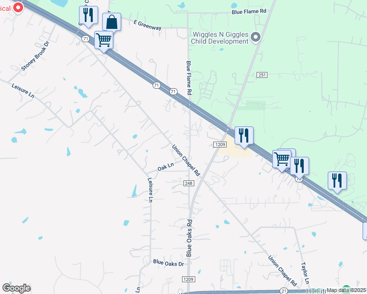 map of restaurants, bars, coffee shops, grocery stores, and more near 180 Blue Flame Road in Cedar Creek