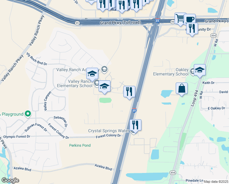 map of restaurants, bars, coffee shops, grocery stores, and more near Valley Ranch Crossing Drive in Porter