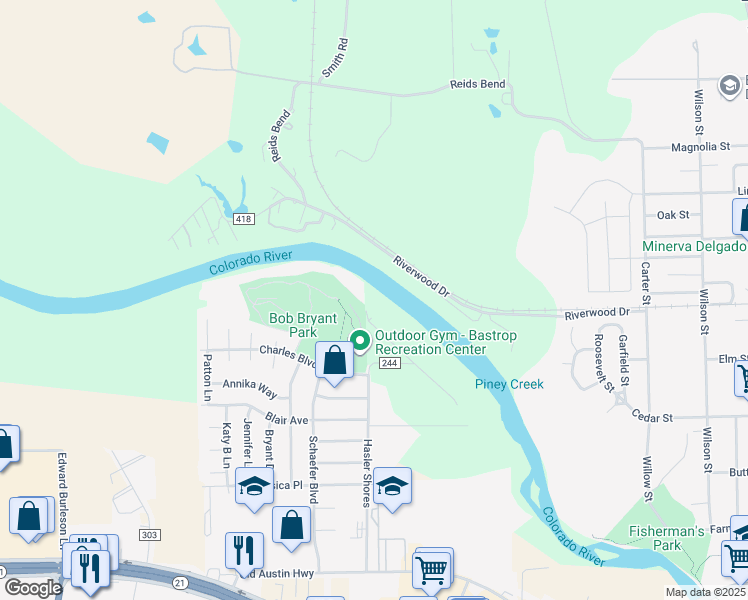 map of restaurants, bars, coffee shops, grocery stores, and more near 141 Riverwood Drive in Bastrop