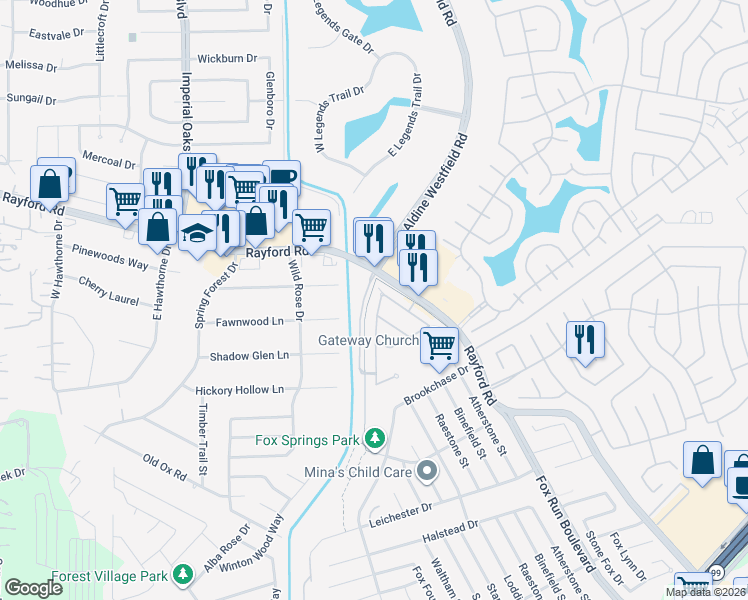 map of restaurants, bars, coffee shops, grocery stores, and more near 29834 Sparkling Creek Drive in Spring