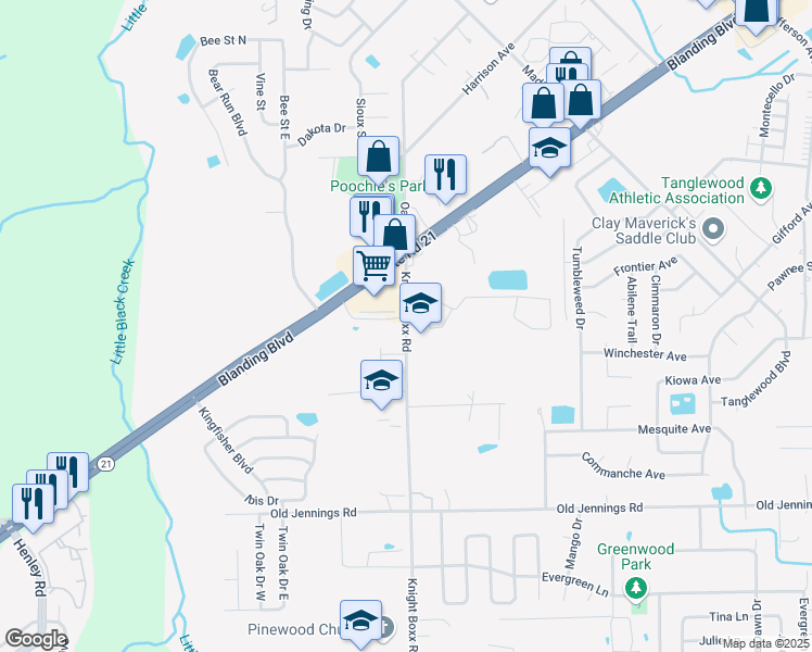 map of restaurants, bars, coffee shops, grocery stores, and more near 26 Knight Boxx Road in Orange Park