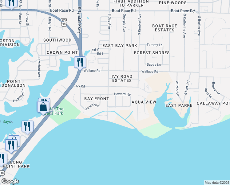 map of restaurants, bars, coffee shops, grocery stores, and more near 5906 Ivy Road in Panama City