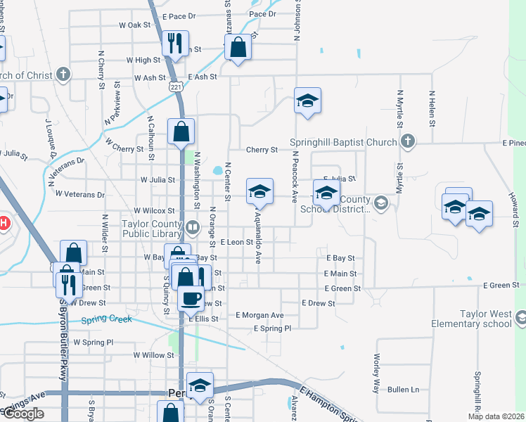 map of restaurants, bars, coffee shops, grocery stores, and more near 601 East Lafayette Street in Perry