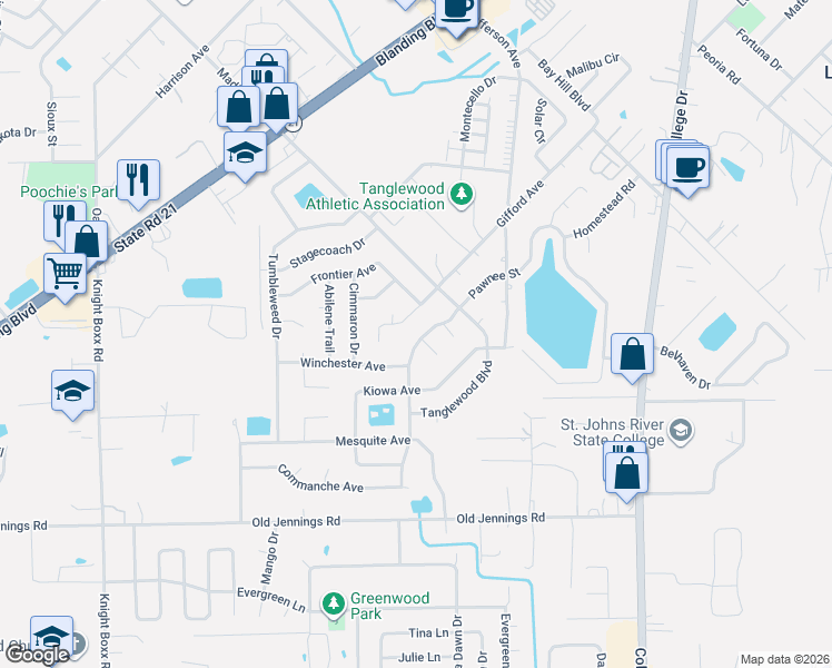 map of restaurants, bars, coffee shops, grocery stores, and more near 1215 Pioneer Drive in Orange Park