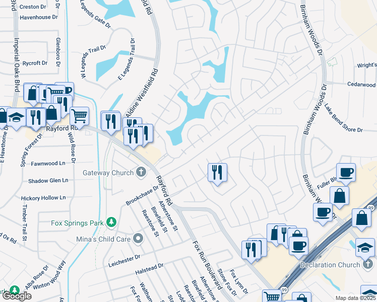 map of restaurants, bars, coffee shops, grocery stores, and more near 29710 Legends Ranch Court in Spring