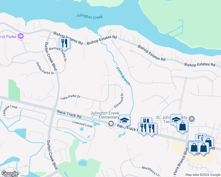 map of restaurants, bars, coffee shops, grocery stores, and more near 1208 Lake Parke Drive in Jacksonville