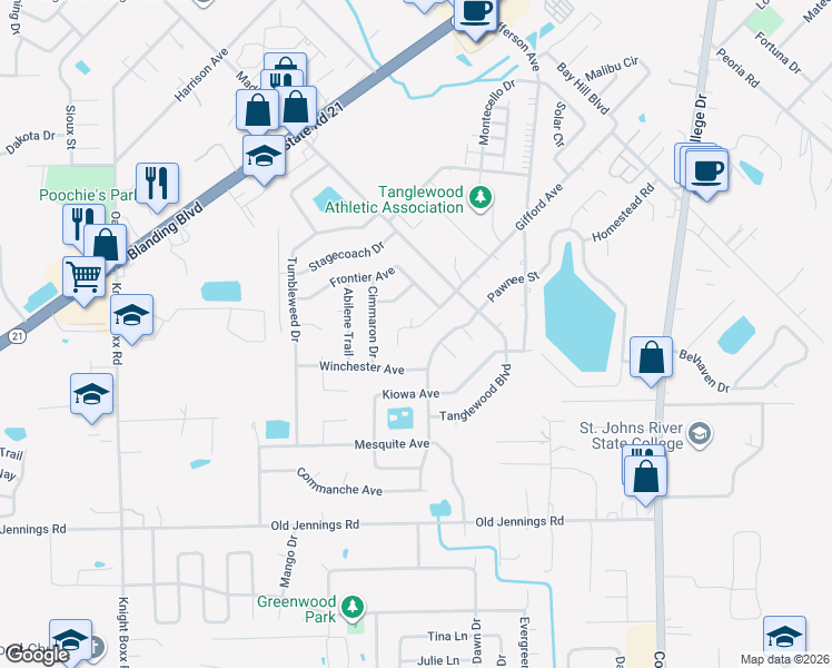 map of restaurants, bars, coffee shops, grocery stores, and more near 1215 Pioneer Drive in Orange Park