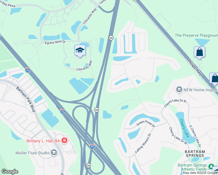 map of restaurants, bars, coffee shops, grocery stores, and more near 5900 Florala Court in Jacksonville